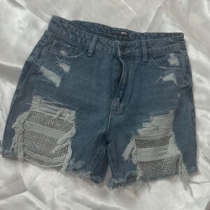 Fashion Nova Blue Distressed Jean Shorts with Rhinestones